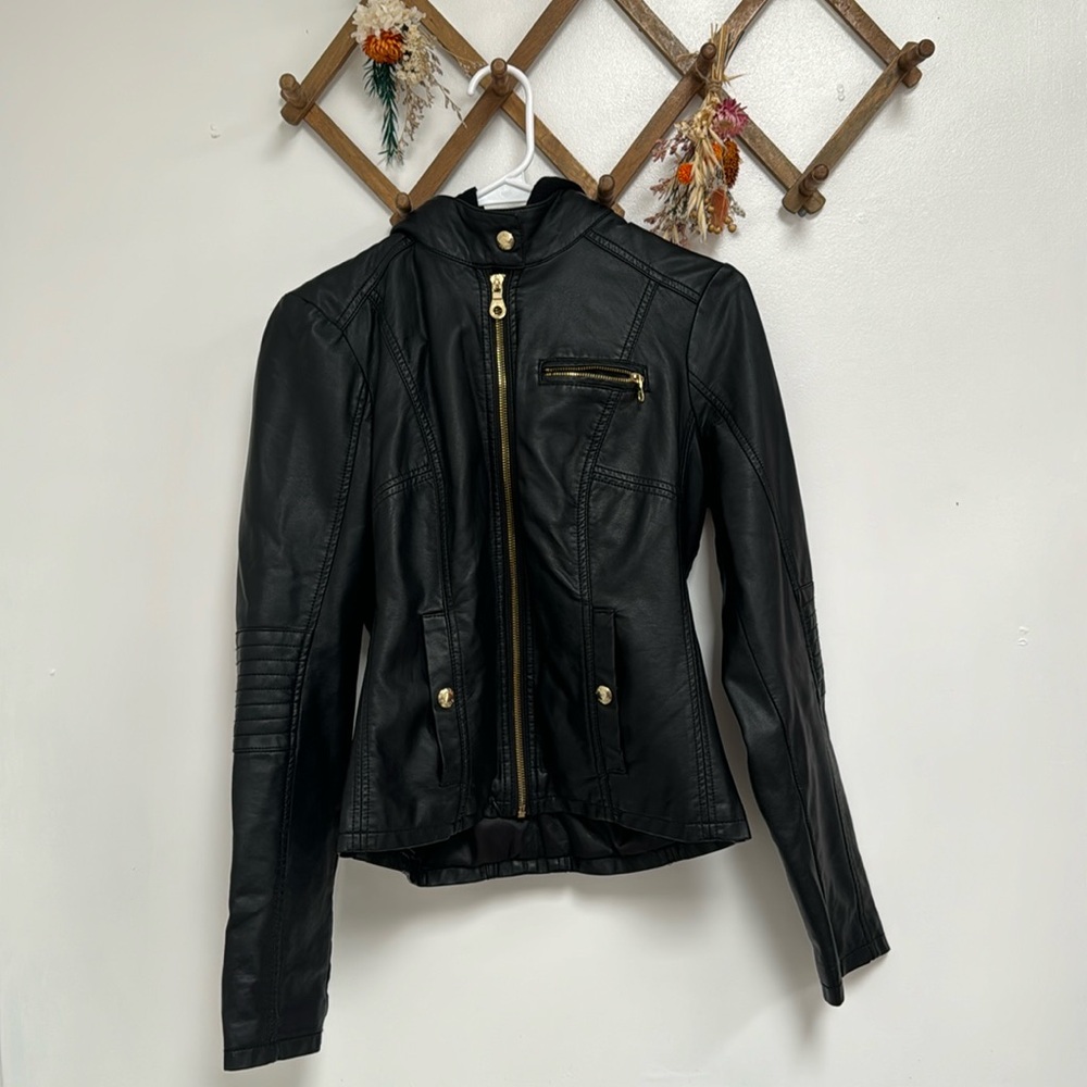 Guess Women’s Animal Friendly “Leather” Hooded Jacket, Size medium